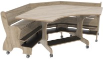 hoogzit hoektafel met standaard ronding grey craft oak Tangara Groothandel voor de Kinderopvang Kinderdagverblijfinrichting